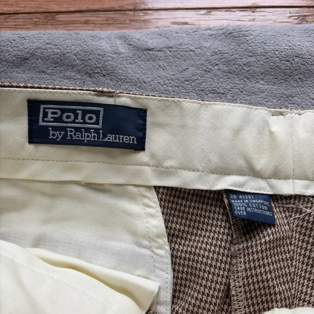 Vintage Polo Ralph Lauren Houndstooth Pleated Cotton Trousers Brown Tan 36x30‎